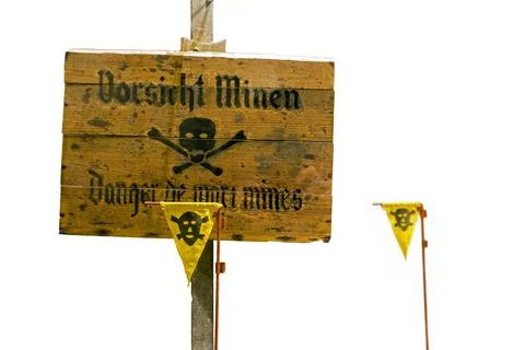 German World War Two wooden Vorsicht Minen Caution Land Mines warning sign and Stock Photos