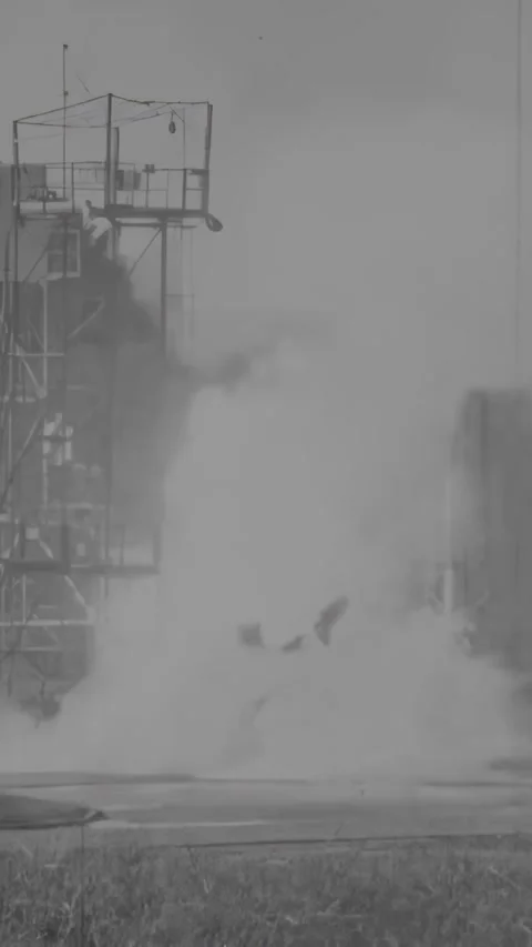 GERMANY - 1940s - Nazis launch a V-2 rocket from a fiery tower. Stock Footage 340321446