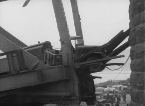 GERMANY - 1945: Bridge Collapse - Broken Truss Hangs from the Pier Stock Footage 343942527