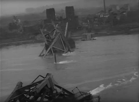 GERMANY - 1945: Bridge Collapse - Crooked Span in Midstream Stock Footage 343942526