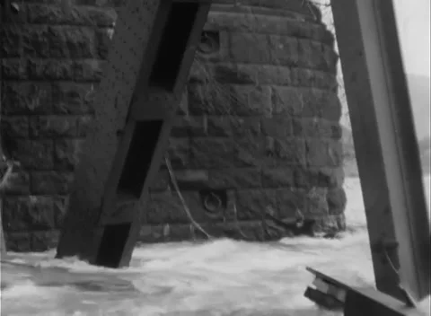 GERMANY - 1945: Bridge Collapse - White Water Covers Sunken Steel Stock Footage 343942514