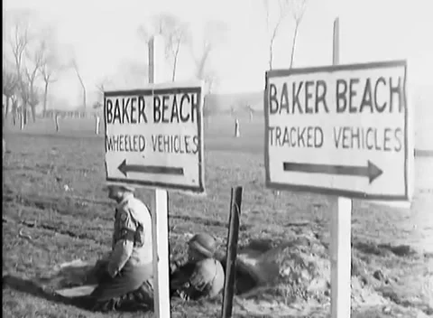 GERMANY - 1945: Crossing control - BAKER BEACH Signs Split Vehicle Routes 動画素材 344493989