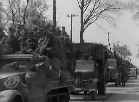 GERMANY - 1945: Custody convoy - Canvas Truck Convoy Carries Prisoners Stock Footage 344493632