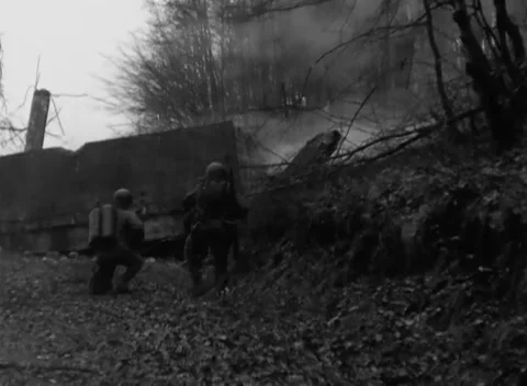 GERMANY - 1945: Flame drill - Flamethrower Operator Ignites the Training Lane Stock Footage 344492557