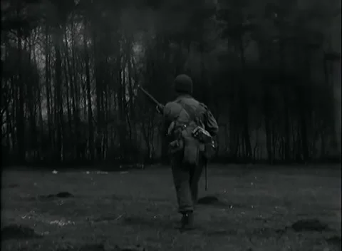 GERMANY - 1945: Muzzle-forward rifle - Soldier faces a stand of bare trees 動画素材 344598393