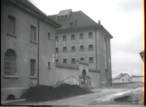 GERMANY - 1945: Stone institution - Arched prison wing and covered stairway Stock Footage 344486909