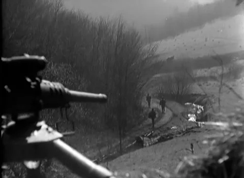 GERMANY - 1945: Weapons position - Muzzle-Braked Gun Commands a Hazy Valley 動画素材 344494046