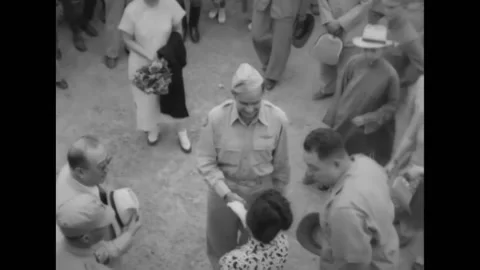 GERMANY - 1946 - Laborers cut stone with chisel to reconstruct a damaged church Stock Footage 296692066