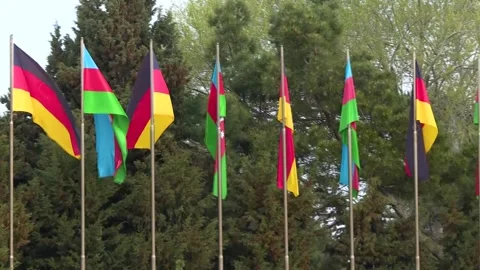 Germany and Azerbaijan state Flags waiving together Video stock 329393171