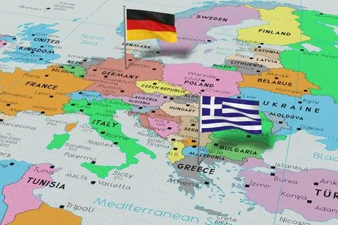 Germany and Greece - pin flags on political map - 3D illustration Stock Illustration
