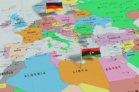 Germany and Libya - pin flags on political map - 3D illustration Stock Illustration