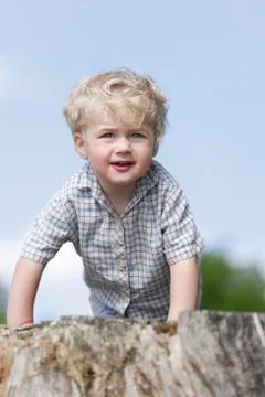 Germany, Bavaria, Boy exploring tree trunk, close up Stock Photos