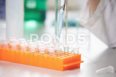Germany, Bavaria, Munich, Scientist filling test tubes with pipette for medical Stock Photos