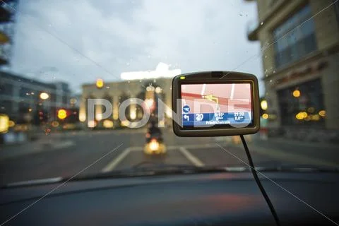 Germany, Berlin, Navigation System In Car, Traffic Seen Through Windscreen
