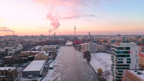 Germany, Berlin,Februray 2021 Iced river Spree with the popular tv tower Stock-Footage 148401958