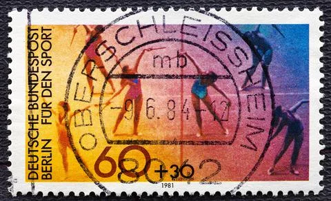 GERMANY - CIRCA 1981: Postage stamp printed in Germany shows rhythmic gymnast Stock Photos