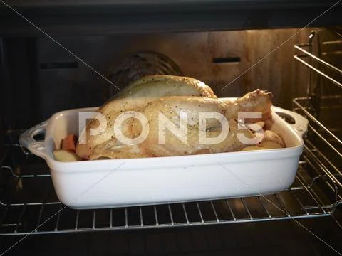 Germany, Cologne, Roast Chicken In Oven, Close Up