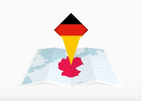 Germany is depicted on a folded paper map and pinned location marker with f.. Stock Illustration