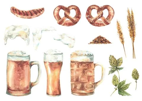 Germany drink and snack set. Mug and glass of beer, pretzel, sausage and hops Stock Illustration