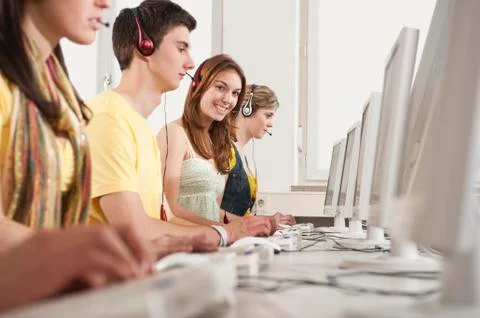 Germany, Emmering, Students using computer in computer lab Foto stock