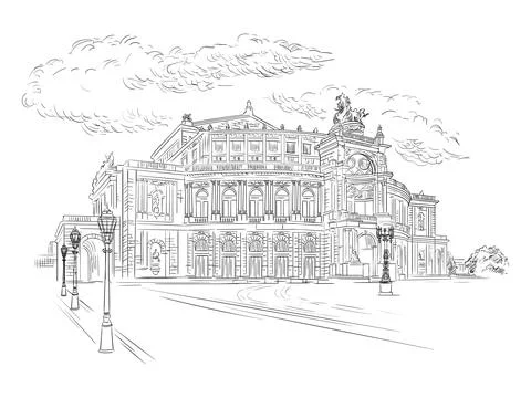 Germany engraving landmark Semper Opera House in Dresden vector Illustrazione stock