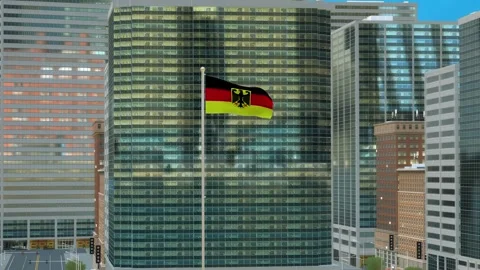 Germany Flag 3D Render Animation on Pole with Modern Business District Build Video stock 332882995