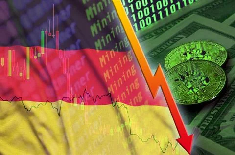 Germany flag and cryptocurrency falling trend with two bitcoins on dollar bil Foto stock