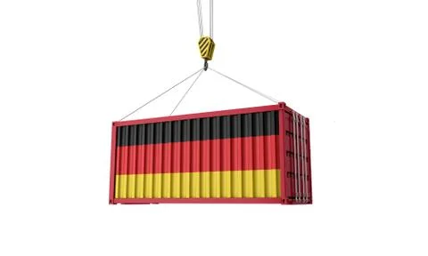 Germany flag cargo trade container hanging from a crane. 3D Render Illustrazione stock