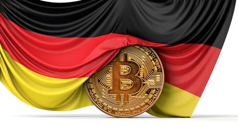 Germany flag draped over a bitcoin cryptocurrency coin. 3D Rendering Stock Illustration