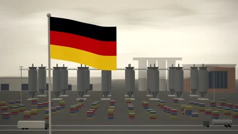 Germany Flag Flying Over Brewery Fermentation Tank Farm seamless loop Stock Footage 345561176