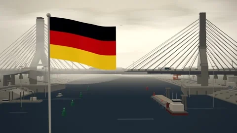 Germany Flag Flying Over Cable Stayed Bridge River seamless loop Stock Footage 345373683