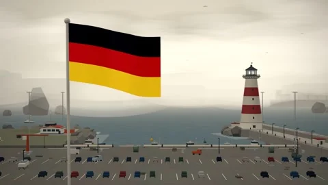 Germany Flag Flying Over Coastal Harbor Lighthouse Waterfront seamless loop Stock Footage 345304452