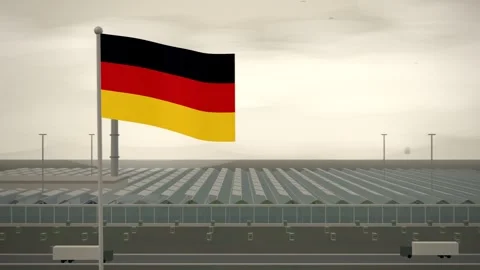 Germany Flag Flying Over Commercial Glasshouse Nursery Complex seamless loop Stock Footage 345853863