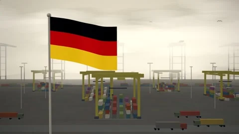 Germany Flag Flying Over Container Terminal Stacking Yard seamless loop Vidéo 344781971