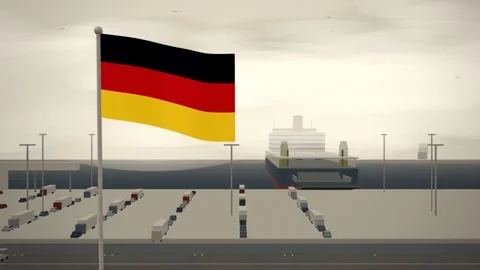 Germany Flag Flying Over Ferry Terminal Linkspan Berth seamless loop Stock Footage 345805276