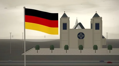 Germany Flag Flying Over Gothic Cathedral West Towers seamless loop Stock Footage 345506307