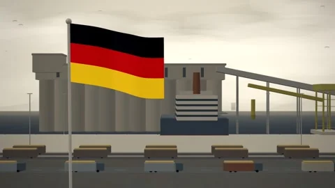 Germany Flag Flying Over Grain Export Terminal Silos seamless loop Stock Footage 345138953