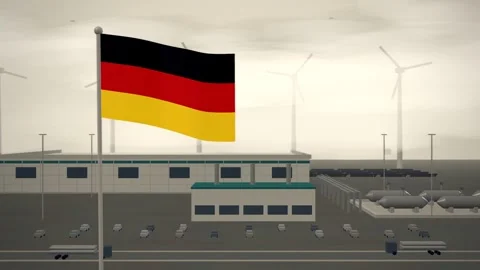 Germany Flag Flying Over Green Hydrogen Electrolyser Plant seamless loop Stock Footage 345309475