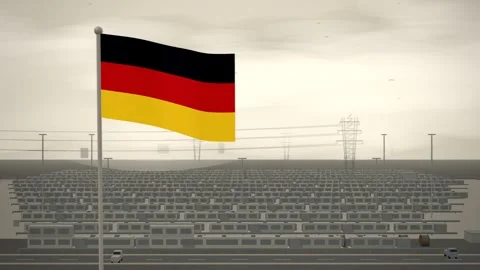 Germany Flag Flying Over Grid Battery Storage Farm seamless loop Stock-Footage 344782800