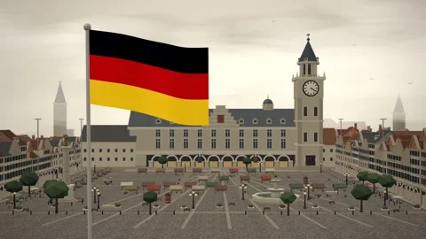 Germany Flag Flying Over Historic Old Town Square seamless loop Stock Footage 345312977