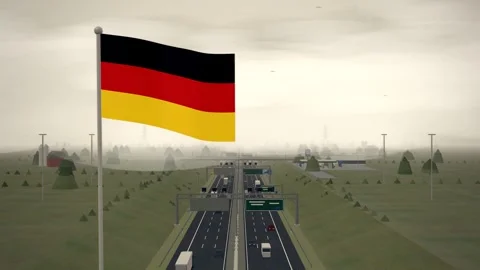 Germany Flag Flying Over Interstate Highway Rural Traffic seamless loop Vidéo 344703186