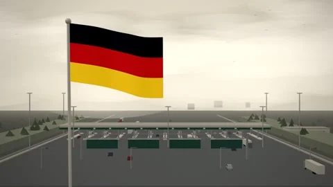 Germany Flag Flying Over Motorway Toll Plaza Traffic seamless loop Stock Footage 345130897