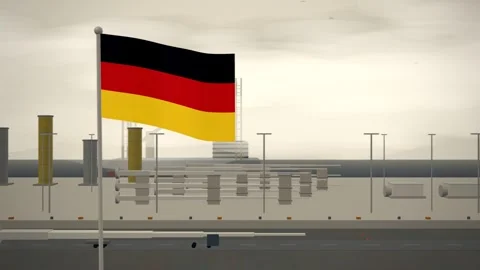 Germany Flag Flying Over Offshore Wind Service Harbour seamless loop Stock Footage 345808415