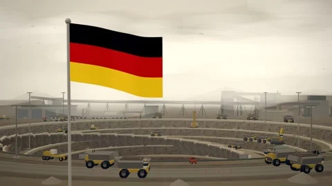 Germany Flag Flying Over Open Pit Mine Terraces seamless loop Stock Footage 345345038