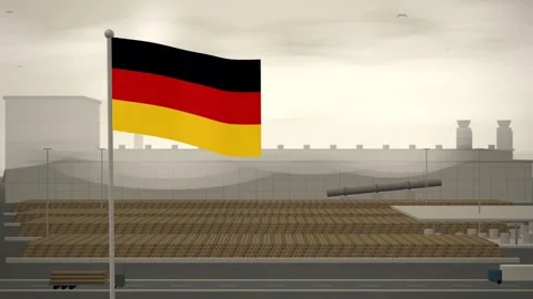 Germany Flag Flying Over Paper Mill Log Yard seamless loop Stock Footage 345380181