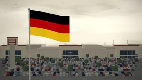 Germany Flag Flying Over Shopping Mall And Car Park seamless loop Stock Footage 345342840
