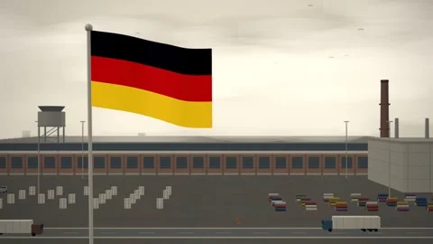 Germany Flag Flying Over Textile Mill Weaving Shed seamless loop Stock Footage 345855376