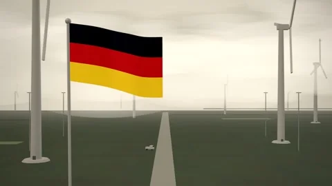 Germany Flag Flying Over Wind Farm Turbine Field seamless loop Stock Footage 345803147