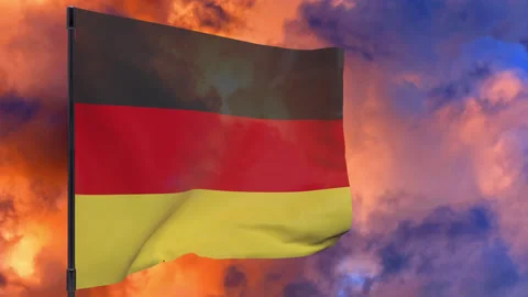 Germany flag on pole with sky background seamless loop 3d animation Stock Footage 149383639