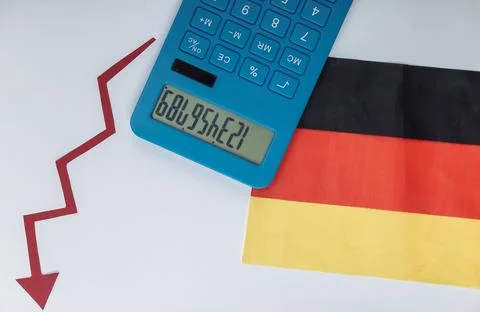 Germany flag with red Fall arrow and calculator. Fall graph going down. Econo 写真素材